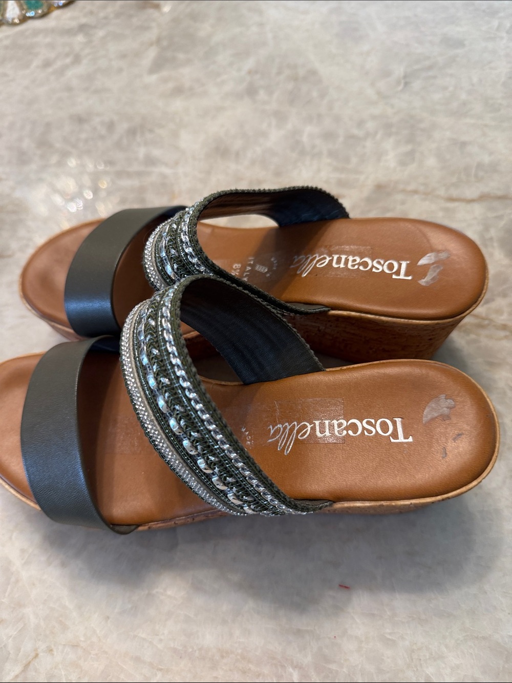Leather Black Wedge Sandals with Beaded Straps